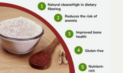 Bowl of Ragi grains and Ragi dishes showing their health benefits
