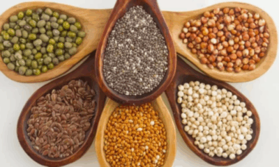 Six wholesome grain alternatives including millet, quinoa, oats, brown rice, buckwheat, and barley.