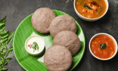 Healthy Ragi Idli served with chutney and sambar