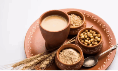 Bowl of Sattu flour and glass of Sattu drink for healthy nutrition